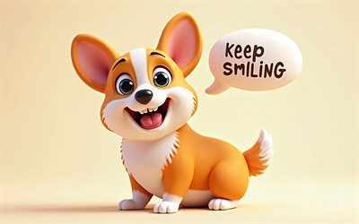 4k, lächle weiter, minimalismus, cartoon corgi, sprachblasen, lächeln sie weiter, corgi, 3d  kunst, hunde, haustiere, zeichentrickhunde