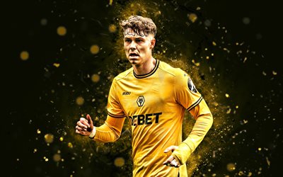 Jorgen Strand Larsen, 4k, yellow neon lights, Wolverhampton Wanderers, Premier League, Norwegian footballers, Jorgen Strand Larsen 4K, football, soccer, Wolverhampton Wanderers FC, Wolves, Jorgen Strand Larsen Wolverhampton Wanderers