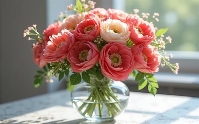 4k, ranunculus asiaticus en verre en verre, botticules roses, butché 3d, fleurs roses 3d, ranunculus asiaticus, contexte avec renoncements