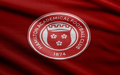 Hamilton Academical FC fabric logo, 4k, red fabric background, Scottish Championship, bokeh, soccer, Hamilton Academical FC logo, football, Hamilton Academical FC emblem, Hamilton Academical FC, Scottish football club, Hamilton Academical