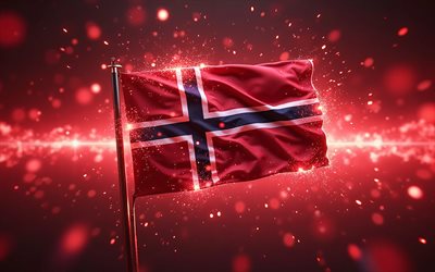 norwegene flagge auf fahnenmast, 4k, roter abstrakter hintergrund, digitale kunst, flagge von norwegen, kunstwerk, norwegische flagge, europa, stoffwellen norwegen flagge, norwegen, 3d norwegen flag