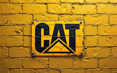 4k, caterpillar graffiti logo, metallplatte, gelbe brickwall, kreativ, straßenkunst, caterpillar abstraktes logo, katze, caterpillar  logo, herstellermarken, raupe, katzenlogo