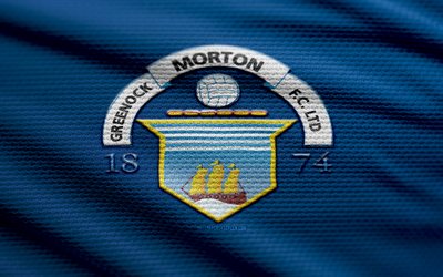 Greenock Morton FC fabric logo, 4k, blue fabric background, Scottish Championship, bokeh, soccer, Greenock Morton FC logo, football, Greenock Morton FC emblem, Greenock Morton FC, Scottish football club, Greenock Morton