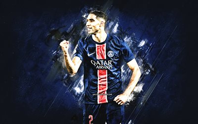 achraf hakimi, psg, calciatore marocchino, paris saint germain, sfondo di pietra blu, ligue 1, francia, achraf hakimi mouh, achraf hakimi paris saint germain