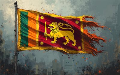 Sri Lanka flag on the flagpole, 4k, Sri Lanka paint splashes flag, grunge art, Sri Lanka flag, Sri Lanka, flag of Sri Lanka