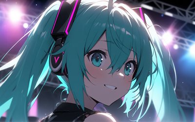 4k, Hatsune Miku, close-up, concert, Vocaloid, CV01, spotlights, Vocaloid 01, Vocaloid characters, Hatsune Miku Vocaloid