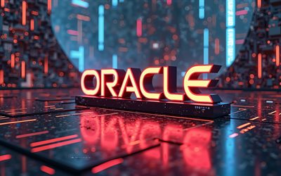 logo oracle 3d, 4k, arrière plan de haute technologie, logo oracle, emblème d'oracle, contexte technologique, oracle, voyant néon rouge, art de haute technologie