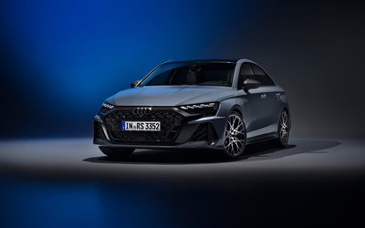 berlina audi rs 3, 4k, studio, 2025 auto, oscurità, berlina grigia audi rs 3, 2025 berlina audi rs 3, auto tedesche, audi