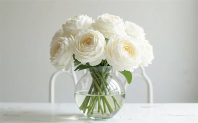 4k, bouquet white ranunculus asiaticus, sfondo bianco, bianco ranunculus asiaticus, fiori 3d, 3d ranunculus asiaticus, bouquet ranunculus asiaticus, fiori bianchi