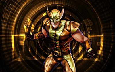 feuille d'or wolverine fortnite, 4k, fond en spirale brun, fortnite, créatif, peau de feuille d'or, fortnite gold foil wolverine skin, wolverine en feuille d'or, personnages fortnite