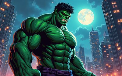 4k, ponton, nuit, lune, super héros, comics marvel, paysage nocturne, hulk 3d, art comméc, fan art, hulk 4k