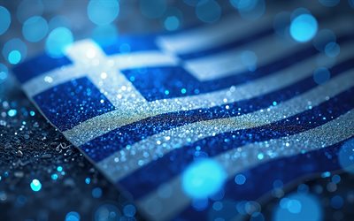 drapeau de la grèce, 4k, art numérique, éclat bleu, jour de la grèce, art abstrait, bokeh, drapeau grec, symboles nationaux grecs, art créatif, grèce
