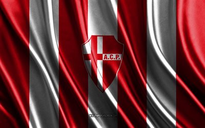 4k, calcio padova logo, serie b, rote weiße seidenstruktur, calcio padova flag, italienischer fußballverein, fußball, seidenflagge, calcio padova emblem, italien, calcio padova abzeichen, padova, calcio padova