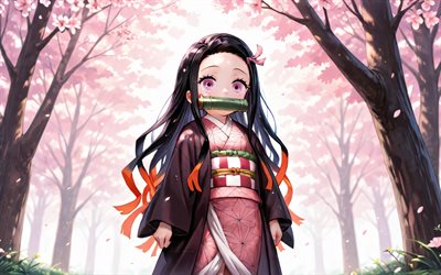 4k, nezuko kamado, kimono, frühling, dämon  slayer, kirschblüte, protagonist, dämon slayer kimetsu no yaiba, grüner bambusknebel, manga, kamado nezuko, dämonjäger, nezuko kamado kimetsu no yaiba