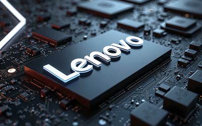 Lenovo 3d logo, 4k, high-tech art, Lenovo logo, black motherboard, white neon lights, Lenovo emblem, Lenovo
