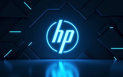 HP logo, 4k, Hewlett-Packard, hi-tech background, HP, Hewlett-Packard logo, blue neon lights, Hewlett-Packard emblem, black background