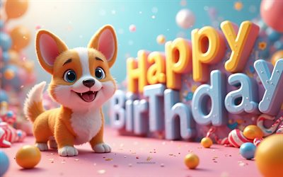 Happy Birthday, 4k, cute funny corgi, Happy Birthday 3d inscrition, 3d cartoon corgi, Happy Birthday wish, Happy Birthday concepts, Happy Birthday background with dogs