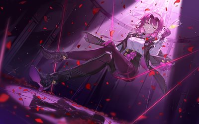 4k, kafka, oscurità, oscillazione, honkai star rail, personaggi anime, manga, personaggi ferroviari di honkai star, occhi viola, kafka honkai star rial