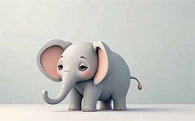 4k, elefante triste, mínimo, fondos grises, elefante de dibujos animados, animales 3d de dibujos animados, minimalismo de elefante, elefante, elefantes 3d, elefantes de dibujos animados