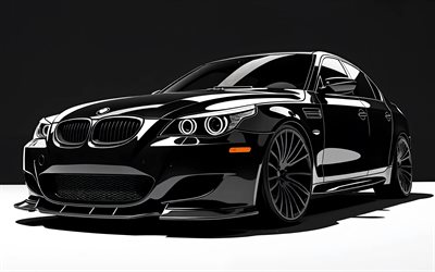 4k, BMW M5 E60, minimalism, abstract art, tuning, creative, Black BMW M5, E60, black white backgrounds, BMW M5, german cars, BMW