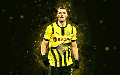 Marcel Sabitzer, 4k, yellow neon lights, Borussia Dortmund, Bundesliga, Austrian footballers, Marcel Sabitzer 4K, football, Borussia Dortmund FC, soccer, BVB, BV Borussia 09 Dortmund, Marcel Sabitzer Borussia Dortmund