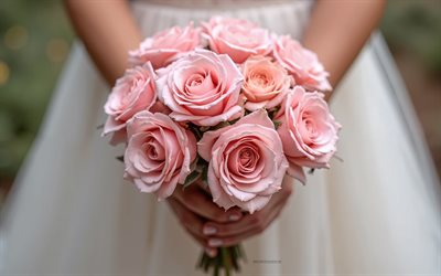 4k, gelin ellerinde pembe güller, gelin buketi, düğün buketi, güller gelin buket, pembe güller, gelin, düğün konseptleri