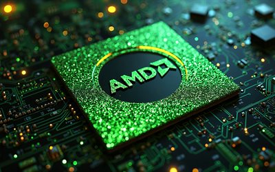 4k, amdグリーングリッターロゴ, ボケ, 黒いハイテク背景, アートワーク, 導体, エレクトロニクスブランド, マイクロサーキット, マイクロサーキットのamdロゴ, ブランド, amd抽象ロゴ, amdロゴ, amd