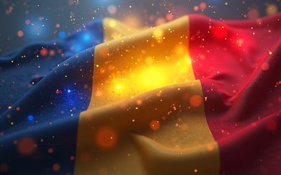 علم رومانيا, 4k, الفن الرقمي, الوهج الأزرق, يوم رومانيا, الفن التجريدي, خوخه, العلم الروماني, الرموز الوطنية الرومانية, الفن الإبداعي, رومانيا