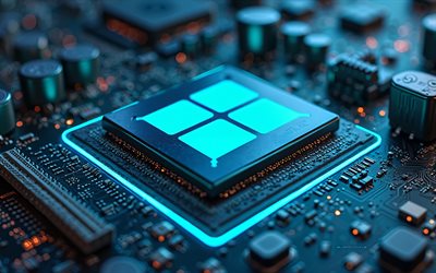 Windows 11 3d logo, 4k, Windows emblem, 3d chip on motherboard, blue neon lights, Windows 11 logo, Microsoft logo, Windows logo, hi-tech background, Windows