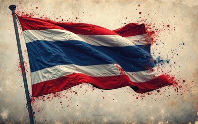 4k, Thailand flag on the flagpole, Thailand paint splashes flag, grunge art, Thailand flag, Thailand, flag of Thailand, Thai flag