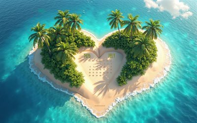 calendario de julio de 2025, 4k, isla tropical, calendario de julio 2025, verano 2025, isla en el océano, antecedentes de verano, 2025 calendarios, julio, 2025 conceptos, conceptos de julio