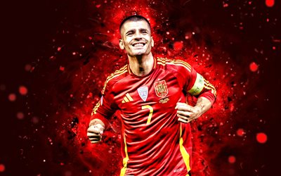 alvaro morata, 4k, luci al neon rossa, team di calcio nazionale spagnola, uefa, calciatori spagnoli, alvaro morata 4k, calcio, squadre nazionali, alvaro morata spagna team