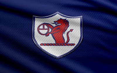 Raith Rovers FC fabric logo, 4k, blue fabric background, Scottish Championship, bokeh, soccer, Raith Rovers FC logo, football, Raith Rovers FC emblem, Raith Rovers FC, Scottish football club, Raith Rovers