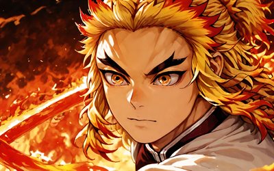 4k, kyojuro rengoku, avvicinamento, fiamme di fuoco, kimetsu no yaiba, opera d'arte, samurai, spada, manga, protagonista, rengoku kyojuro, demon slayer corps, demon slayer, kyojuro regoku kimetsu no yaiba