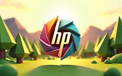 HP origami logo, 4k, HP logo, polygon 3d summer landscape, Hewlett-Packard logo, polygon green trees, HP, creative art, Hewlett-Packard