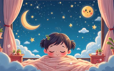 4K, Good Night, sleeping little girl, moon, night, stars, Good night wishes, night sky, cartoon girls, Good night concepts