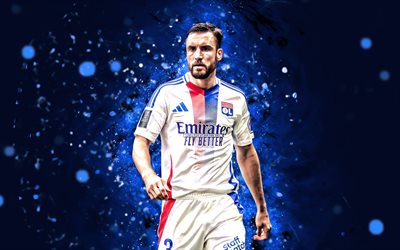 Nicolas Tagliafico, 4k, blue neon lights, Olympique Lyonnais, Ligue 1, Argentine footballers, Nicolas Tagliafico 4K, Lyon, football, soccer, Lyon FC, Nicolas Tagliafico Lyon