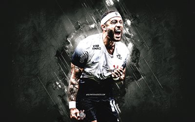 memphis depay, corinzi, calciatore olandese, grunge art, calcio, sfondo di pietra bianca, serie brasiliana a, brasile, memphis depay corinthians