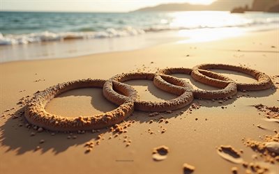 Audi logo, 4k, summer, Audi logo made of sand, beach, 3d Audi logo, sand, Audi emblem, Audi