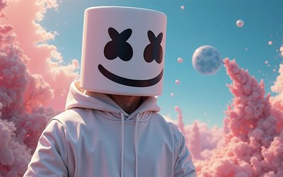 4k, dj marshmello, 3d自然の背景, 音楽スター, クリストファー・コムストック, marshmelloマスク, 3dアート, アメリカのdj, スーパースター, 3d marshmello, 人気のある歌手, マシュメロ, dj, marshmello 4k