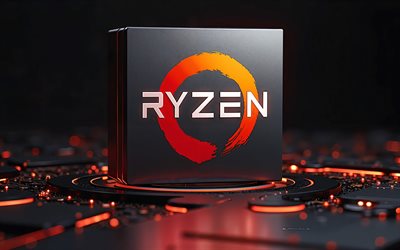 ryzen logo, 4k, hi tech schwarzer hintergrund, ryzen, orange neonlicht, ryzen emblem, 3d ryzen logo, kreative kunst