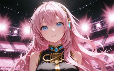 4k, Megurine Luka, concert, CV03, Vocaloid, pink star, spotlights, pink hair, Vocaloid 03, abstract art, Character Vocal Series, Luka Megurine, Vocaloid characters, Megurine Luka Vocaloid