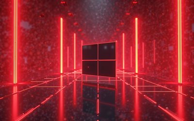 Windows 10 logo, 4k, hi-tech background, Windows 10, red neon lights, red neon light, Windows 10 emblem, Windows logo, Windows