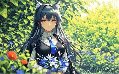 teksas, 4k, yaz, orman, arnights, mavi çiçekler, anime karakterleri, manga, omertosa texas, arknights karakterleri, texas arknights