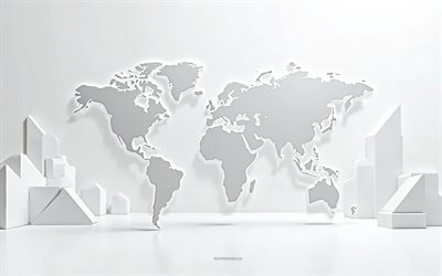 4k, خريطة العالم الأبيض ثلاثي الأبعاد, خلفية بيضاء, مفاهيم خريطة العالم, خريطة العالم ثلاثي الأبعاد, خلفية بيضاء مع خريطة العالم