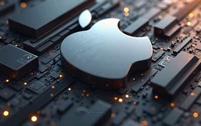 logo black apple, 4k, logo apple 3d, résumé fond 3d, logo apple, emblème de pomme, logo pomme en métal noir, pomme