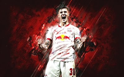 benjamin sesko, rb leipzig, slowenischer fußballer, roter steinhintergrund, grunge  kunst, bundesliga, deutschland, fußball, benjamin sesko rb leipzig