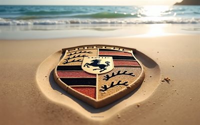 logo porsche, 4k, estate, logo porsche fatto di sabbia, spiaggia, logo porsche 3d, sabbia, porsche emblem, porsche
