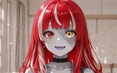 4k, kureiji ollie, 웃다, 가상 youtuber, 클로즈업, vtuber, 좀비, 초상화, 홀로 리브, 헤테로 크로 미아, 만화, kureiji ollie 채널