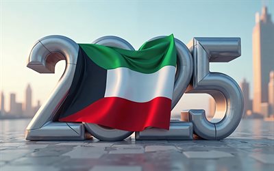2025 Kuwait, travel to Kuwait 2025, 3d art, Kuwait flag, 2025 3d digits, Kuwait, 2025 concepts, evening, sunset